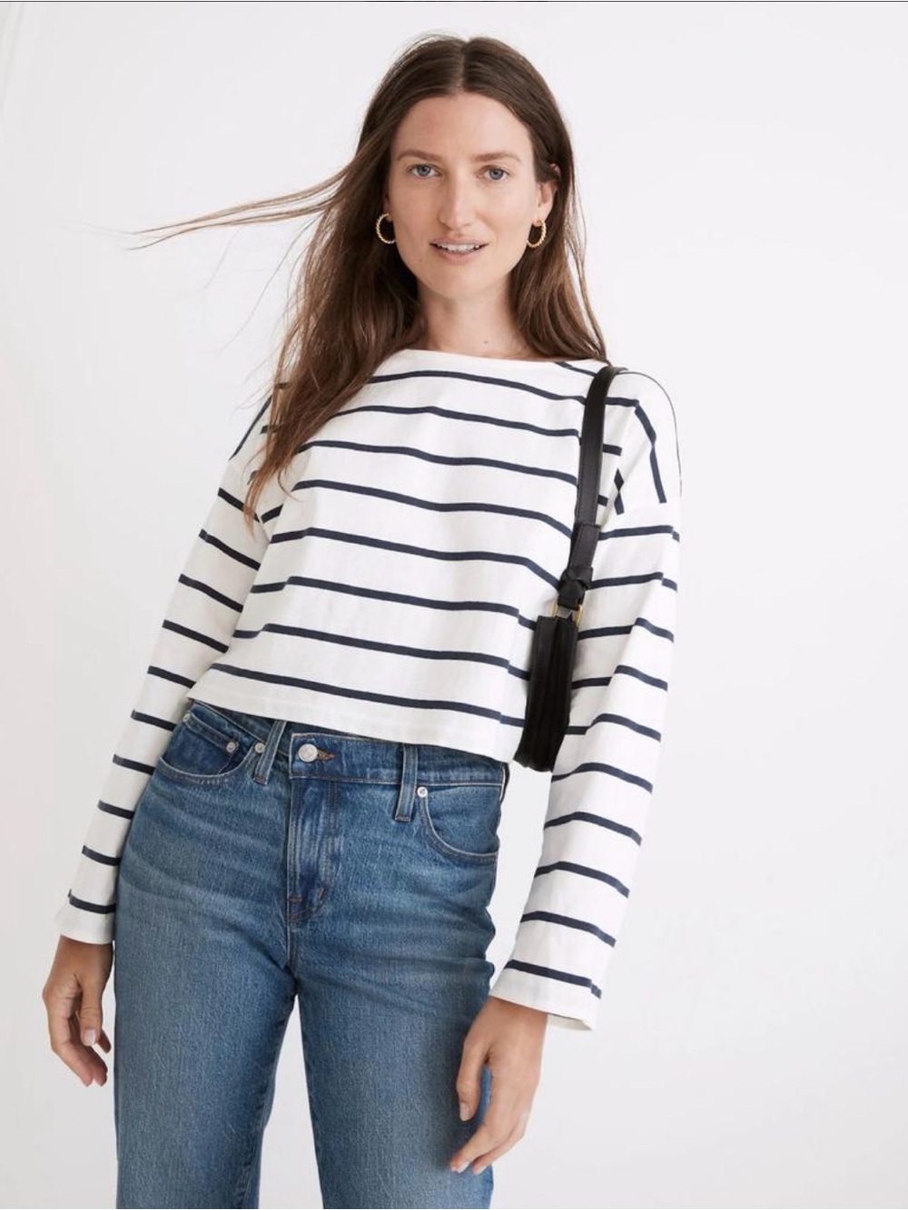Madewell 100% Cotton Striped Long-Sleeve Boatneck Top - White & Navy